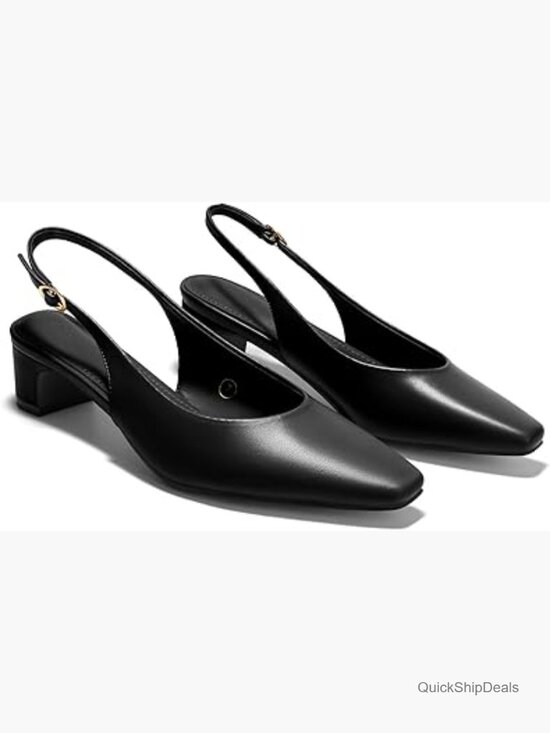Shoes - Faux Leather Chunky Low Heel Slingback Pumps Closed Toe Dress Shoes